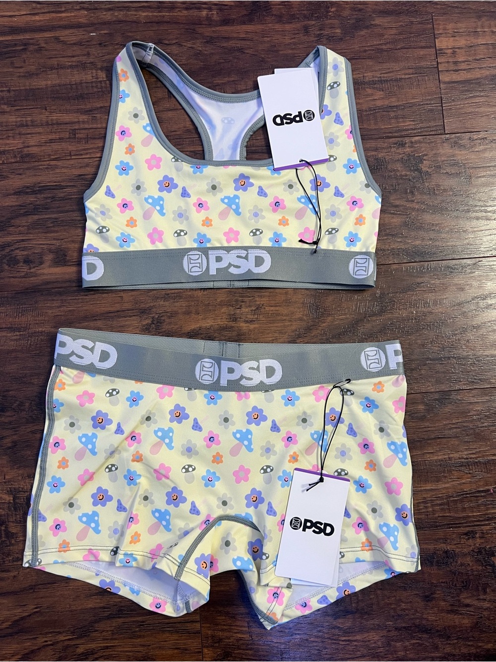PSD women’s Floral Sports Bra & Boyshorts Set in Yellow, Blue, Pink